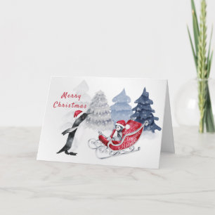 Penguins Red Sleigh Watercolor Christmas Holiday Card