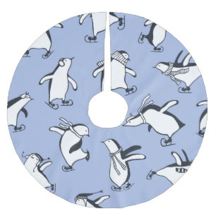 Penguins skating, hand-drawn vintage pattern brushed polyester tree skirt