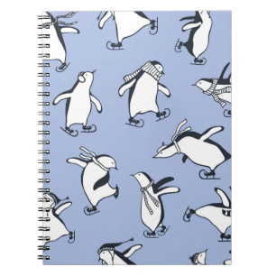 Penguins skating, hand-drawn vintage pattern notebook