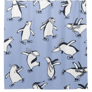 Penguins skating, hand-drawn vintage pattern shower curtain