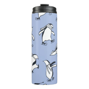 Penguins skating, hand-drawn vintage pattern thermal tumbler