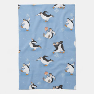 Penguins skating pattern tea towel