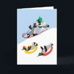 Penguins Sledding Custom Card<br><div class="desc">Just plain fun! A snowy image of penguins sledding.  It's adorable! The original design by artist,  dag dart is so very whimsical and joyous.  The card can be customised.  You can change the inside greeting to whatever you like.</div>