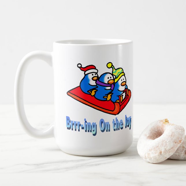 Penguins Sledding Winter Holiday Scene Coffee Mug (With Donut)