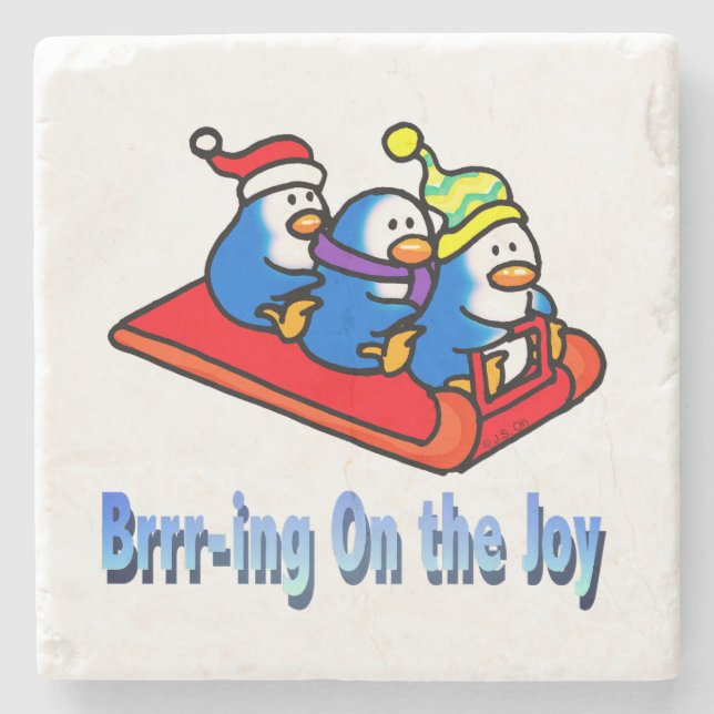 Penguins Sledding Winter Holiday Scene Stone Coaster (Front)