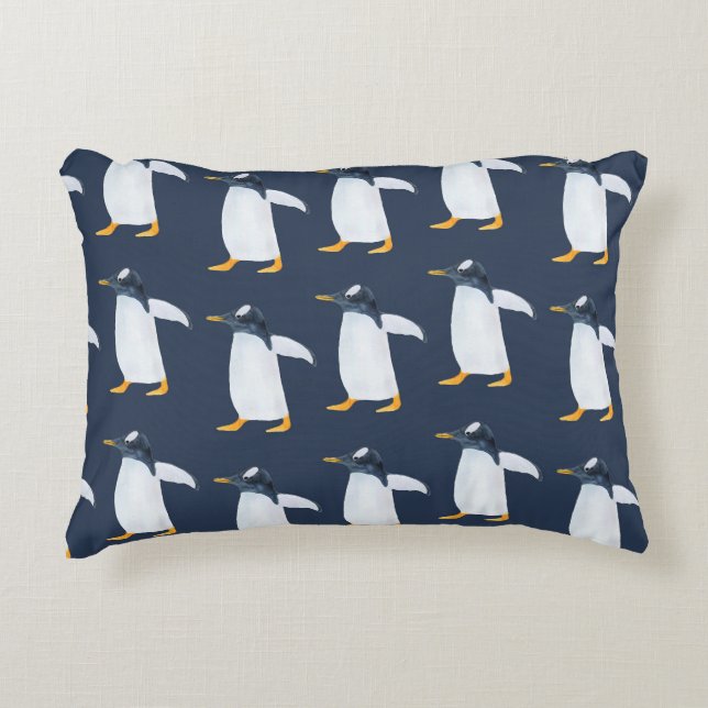 Penguins: Small Dark Watercolor Decorative Cushion (Front)