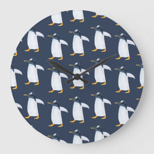 Penguins: Small Dark Watercolor Large Clock