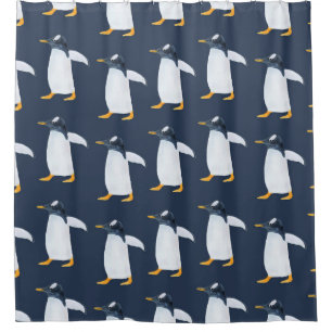 Penguins: Small Dark Watercolor Shower Curtain