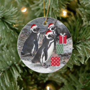 Penguins Wearing Red Santa Hats Holiday Ceramic Ornament