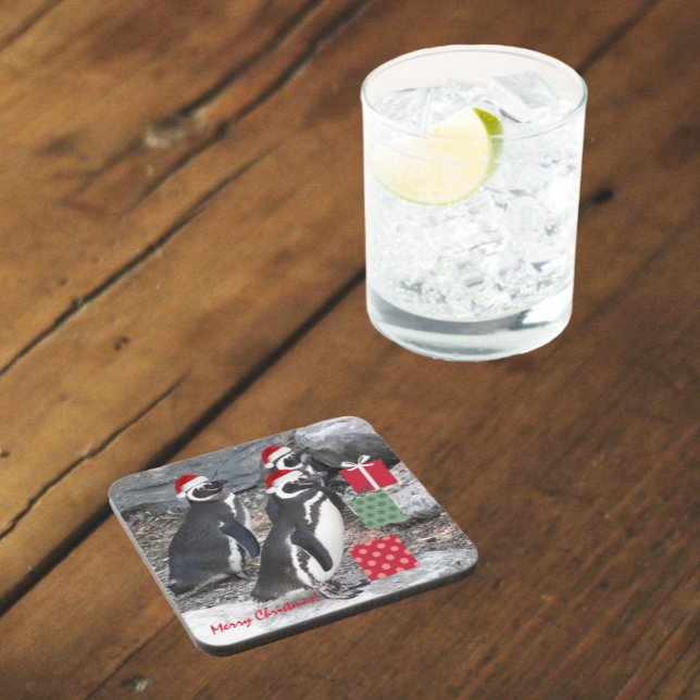 Penguins Wearing Red Santa Hats Holiday Coaster (In Situ Glass)