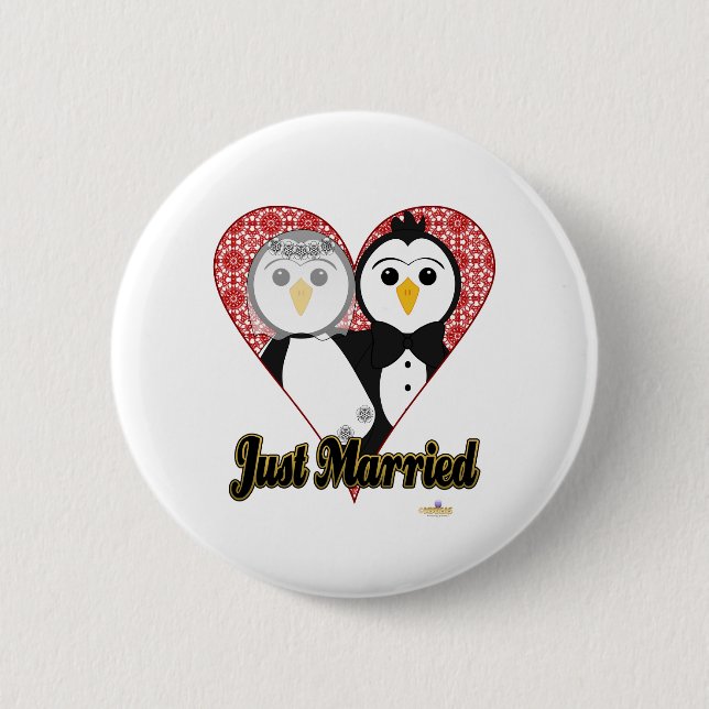 Penguins Wedding Lace Heart Just Married 6 Cm Round Badge (Front)