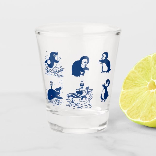 Penguins, Whales and Dolphin Shot Glass (Front)