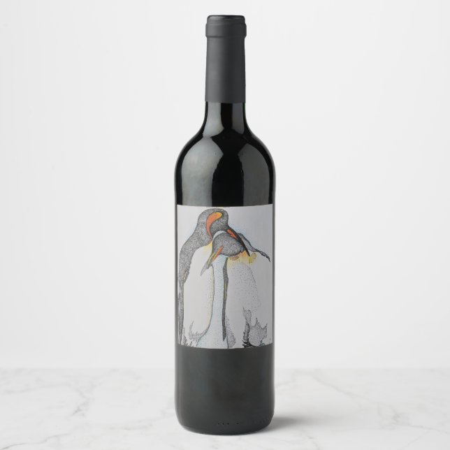 Penguins, Wine bottle labels, couple, Artwork, Art Label (Front)