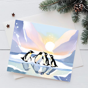 Penguins Winter Watercolor   Snow and Ice Cute Postcard