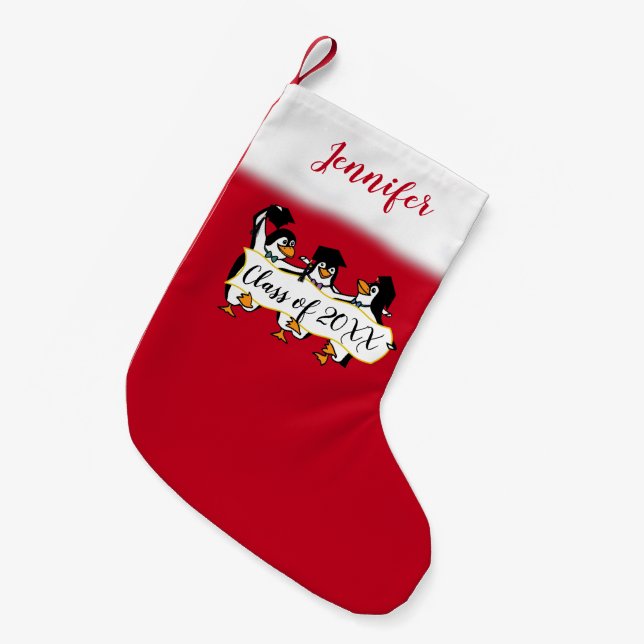 Penguins With Banner Graduation Small Christmas Stocking (Front (Hanging))