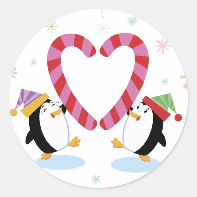 Penguins with Heart Shaped Candy Canes Stickers (Front)