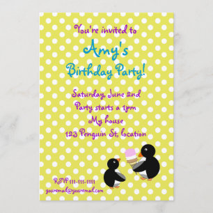 Penguins with ice cream on yellow polkadots invite