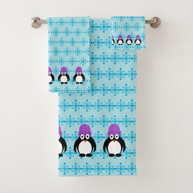 Penguins With Purple Hats All In A Row Bath Towel Set (Insitu)