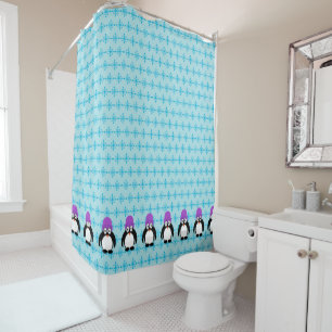 Penguins With Purple Hats All In A Row Shower Curtain
