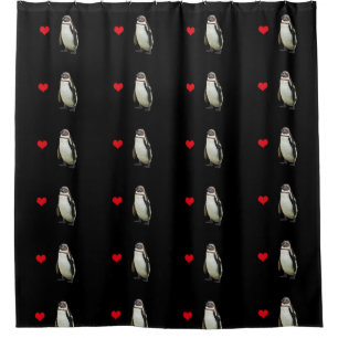 Penguins with Red Hearts Pattern on Black Shower Curtain