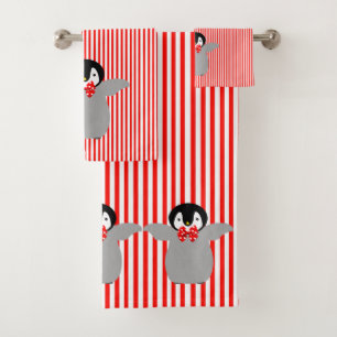 Penguins with Red Polka Dot Ties on Red Stripes Bath Towel Set
