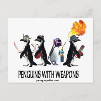 penguins with weapons postcard