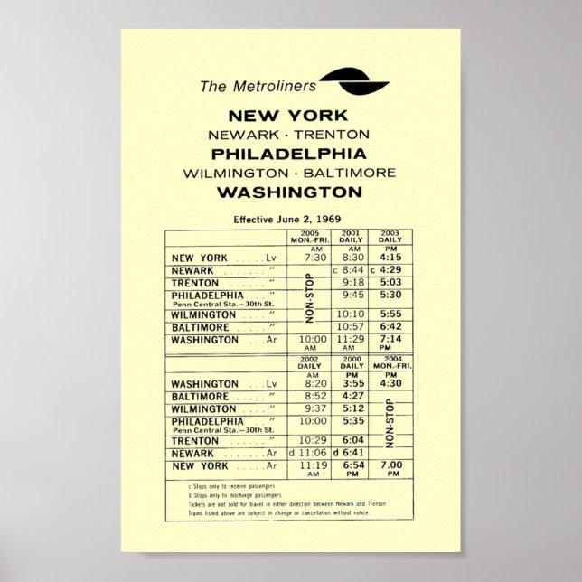 Penn Central Railroad Metroliner Timetable Poster (Front)
