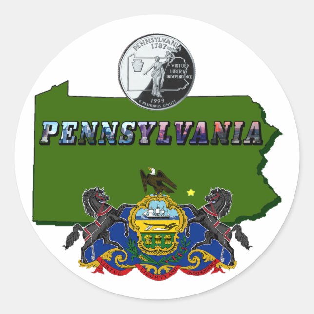 Pennsylvania Map, Quarter, Flag and Picture Text Classic Round Sticker (Front)