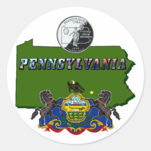Pennsylvania Map, Quarter, Flag and Picture Text Classic Round Sticker