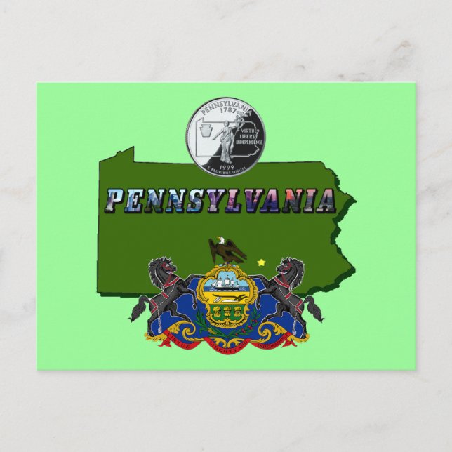 Pennsylvania Map, Quarter, Flag and Picture Text Postcard (Front)