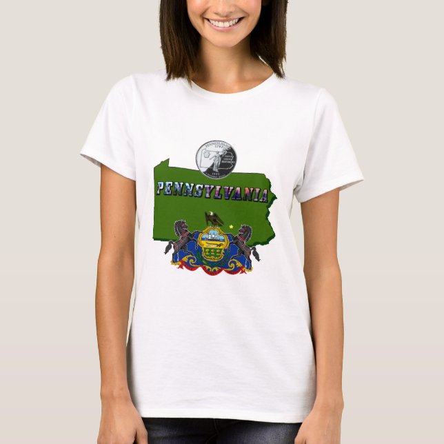 Pennsylvania Map, Quarter, Flag and Picture Text T-Shirt (Front)