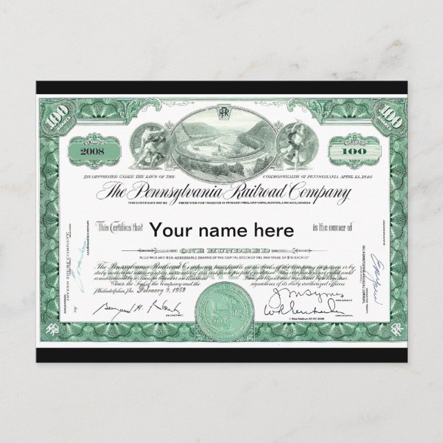 Pennsylvania Railroad CUSTOM Stock Certificate Postcard (Front)