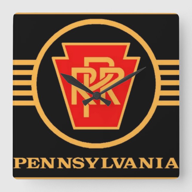 Pennsylvania Railroad Logo, Black & Gold Square Wall Clock (Front)