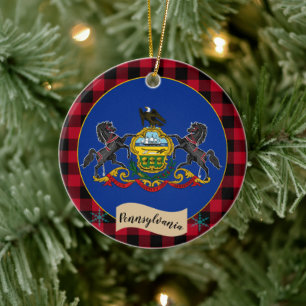 Pennsylvania, Red buffalo plaid, Pennsylvania Flag Ceramic Ornament