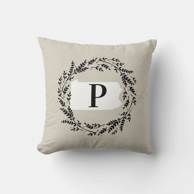 Pennsylvania Rustic Wreath Monogram Throw Pillow (Front)