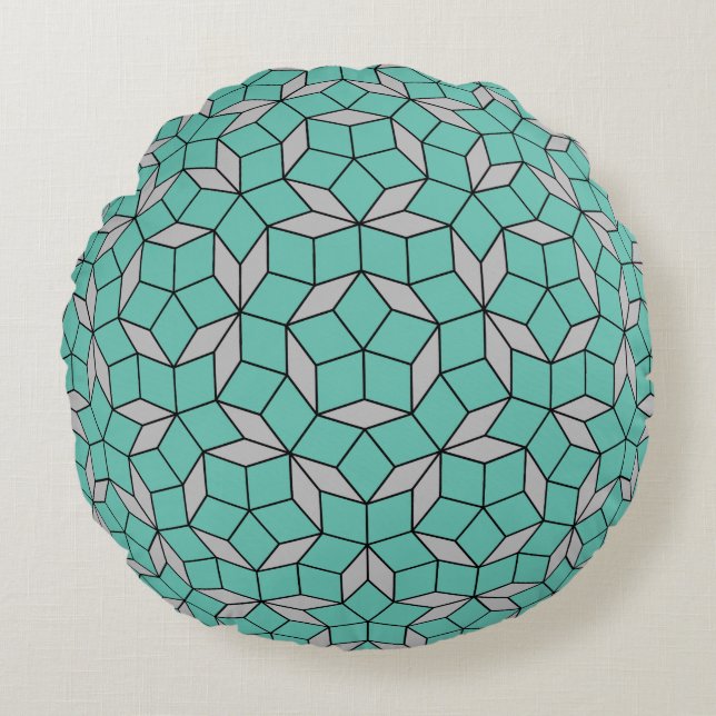 Penrose tiling pattern rounded, grey turquoise round cushion (Front)