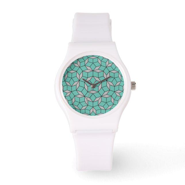 Penrose tiling pattern rounded, grey turquoise watch (Front)