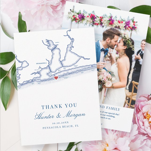 Pensacola Beach Florida Map and Wedding Photo Thank You Card (Pensacola Beach Florida map navy blue wedding thank you cards with photo by Coastal Map Designs)