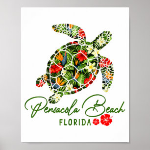 Pensacola Beach Florida Sea Turtle Tropical Hibisc Poster