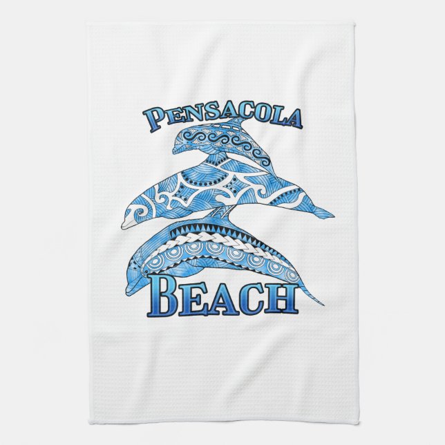 Pensacola Beach Florida Vacation Tribal Dolphins Tea Towel (Vertical)
