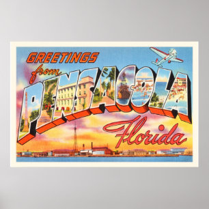 Pensacola Florida FL Old Vintage Travel Souvenir Poster