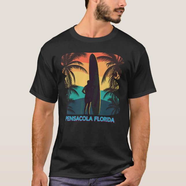 Pensacola Florida Palm Tree Surfboard Surfer Surfi T-Shirt (Front)