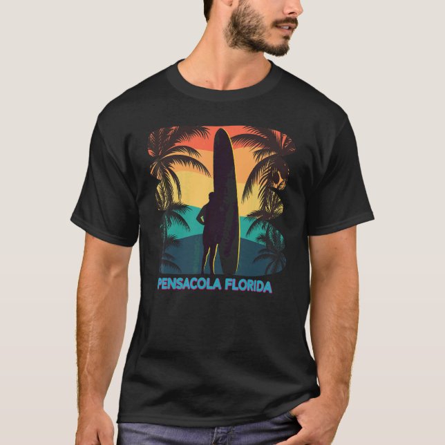Pensacola Florida Palm Tree Surfboard Surfer Surfi T-Shirt (Front)