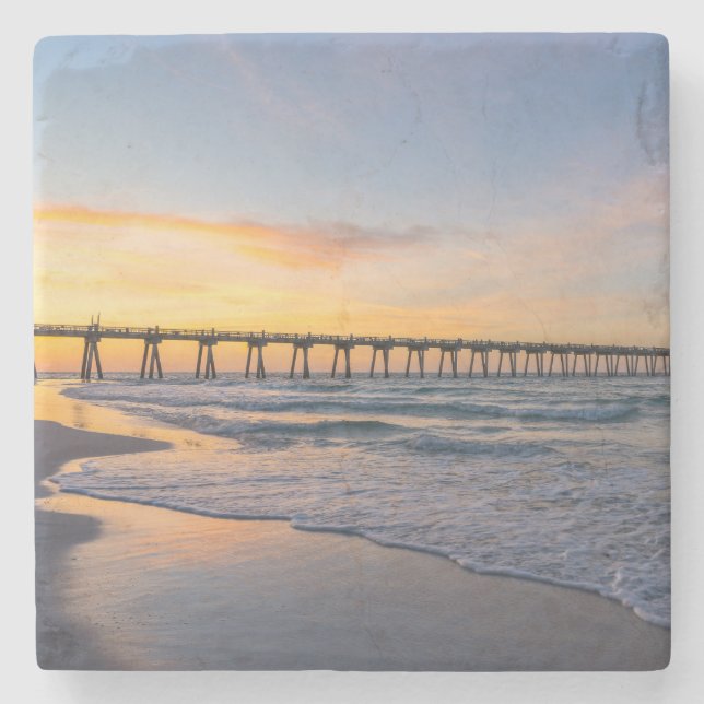 Pensacola Pier Shoreline Sunrise Stone Coaster (Front)