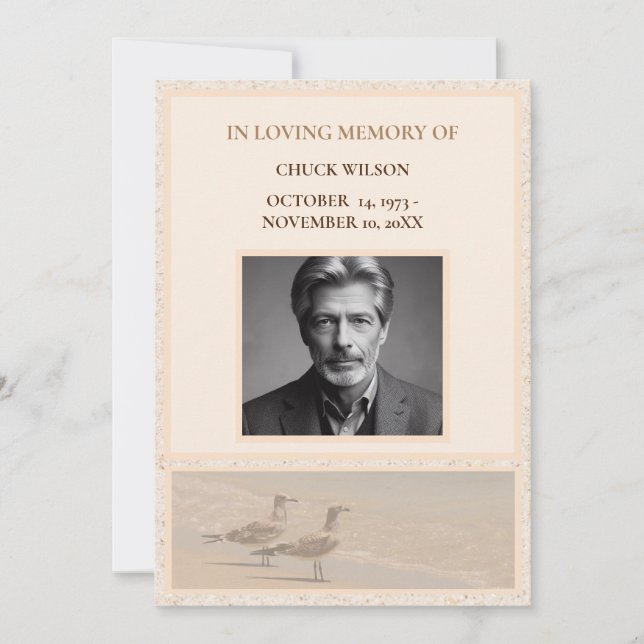 Pensive Seagulls & Sand  Funeral Bereavement  Invitation (Front)