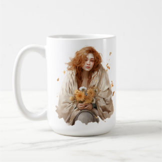 PENSIVE WATERCOLOR FALL GIRL WITH RED HAIR COFFEE MUG
