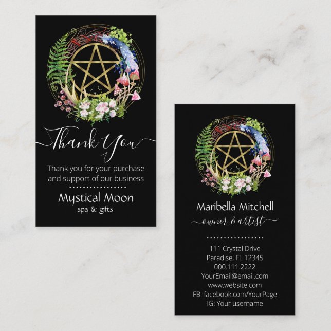 Pentacle Nature Wreath Flowers Boho Black Business Card (Front/Back)