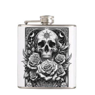 Pentacle Skeleton Skull & Roses Tarot Art Hip Flask