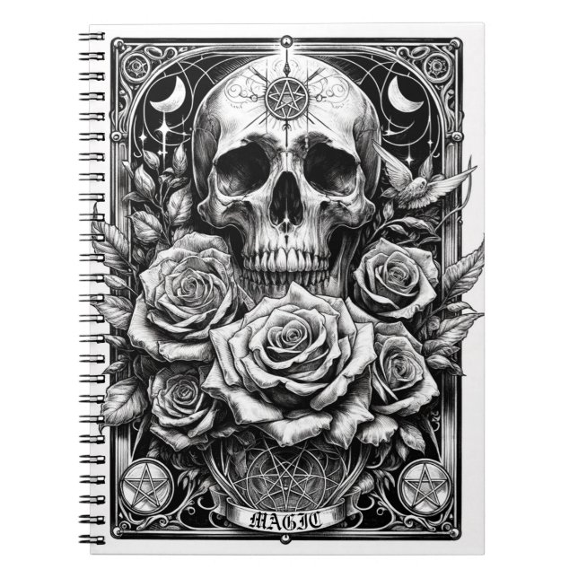 Pentacle Skeleton Skull & Roses Tarot Art Notebook (Front)