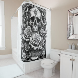Pentacle Skeleton Skull & Roses Tarot Art Shower Curtain
